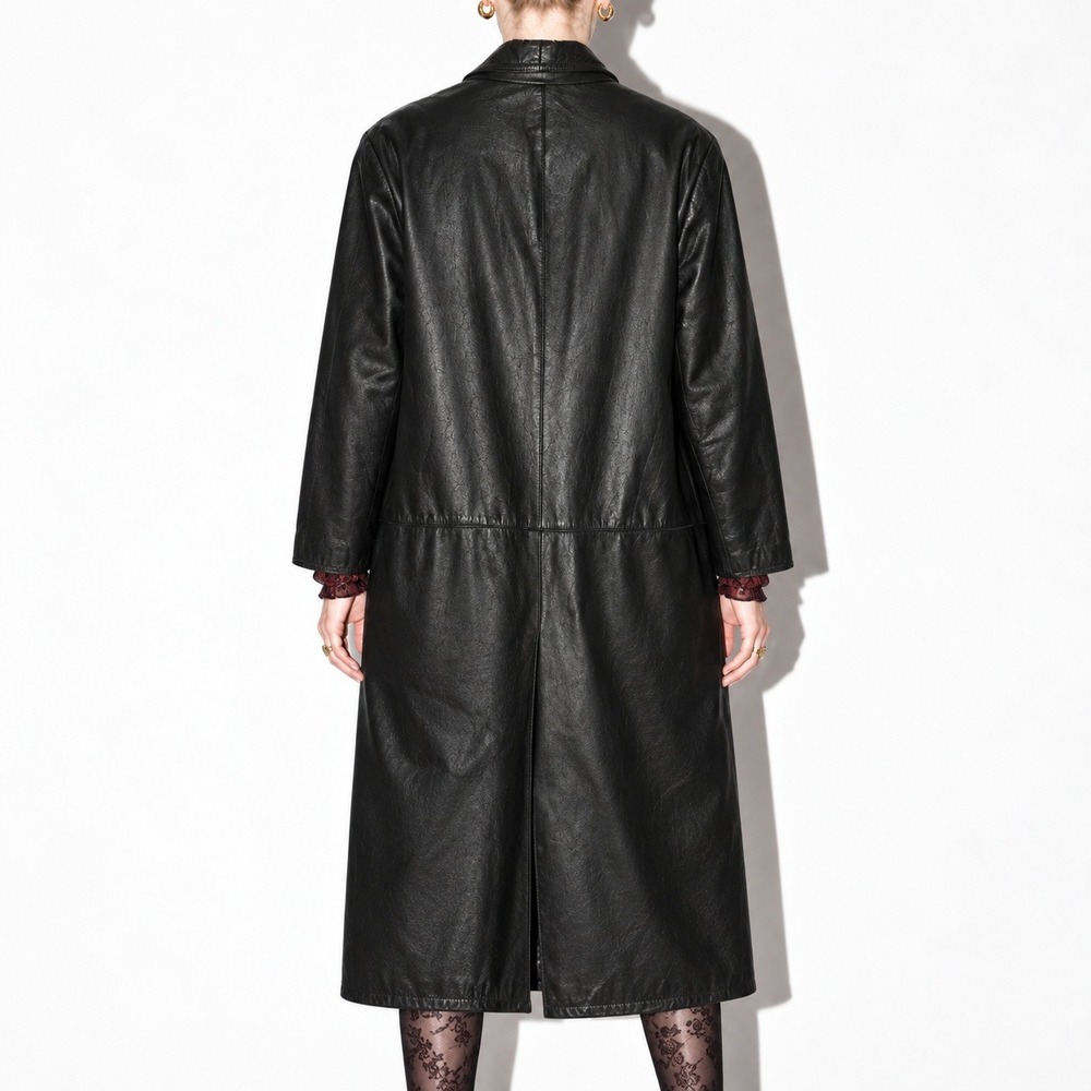 Vintage Double Breasted Long Leather Coat Womens M 80s Oversized Fit Clubwear - Picture 3 of 8